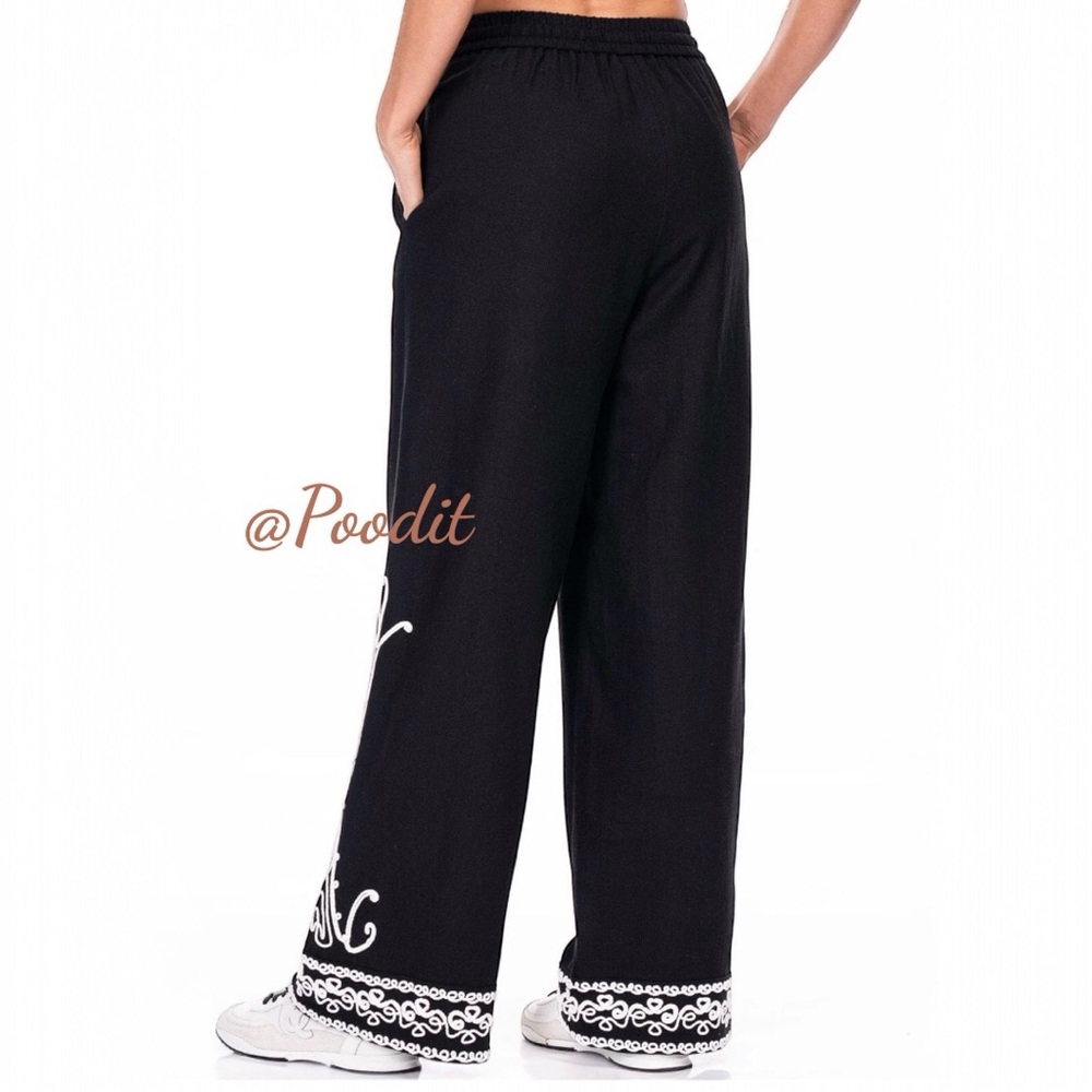 GALITA black detailed wide leg linen pants S M L - Picture 4 of 7